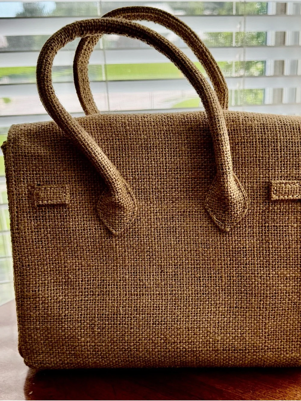 Birkin Style 25 Satchel Double Handle Bag - Natural Jute/Burlap - 25cm - Picture 3 of 7